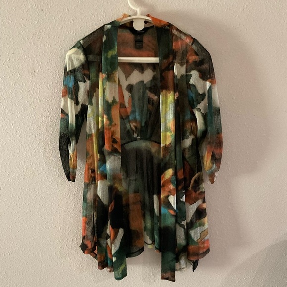 Ali Miles Sheer Kimono Abstract Black Multicolor 3/4 sleeves Women’s Size M - Picture 1 of 13